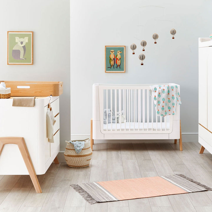 Gaia Baby Hera Cot Bed Scandi-White and Natural. Scandi-inspired minimalist white wooden cot bed. 