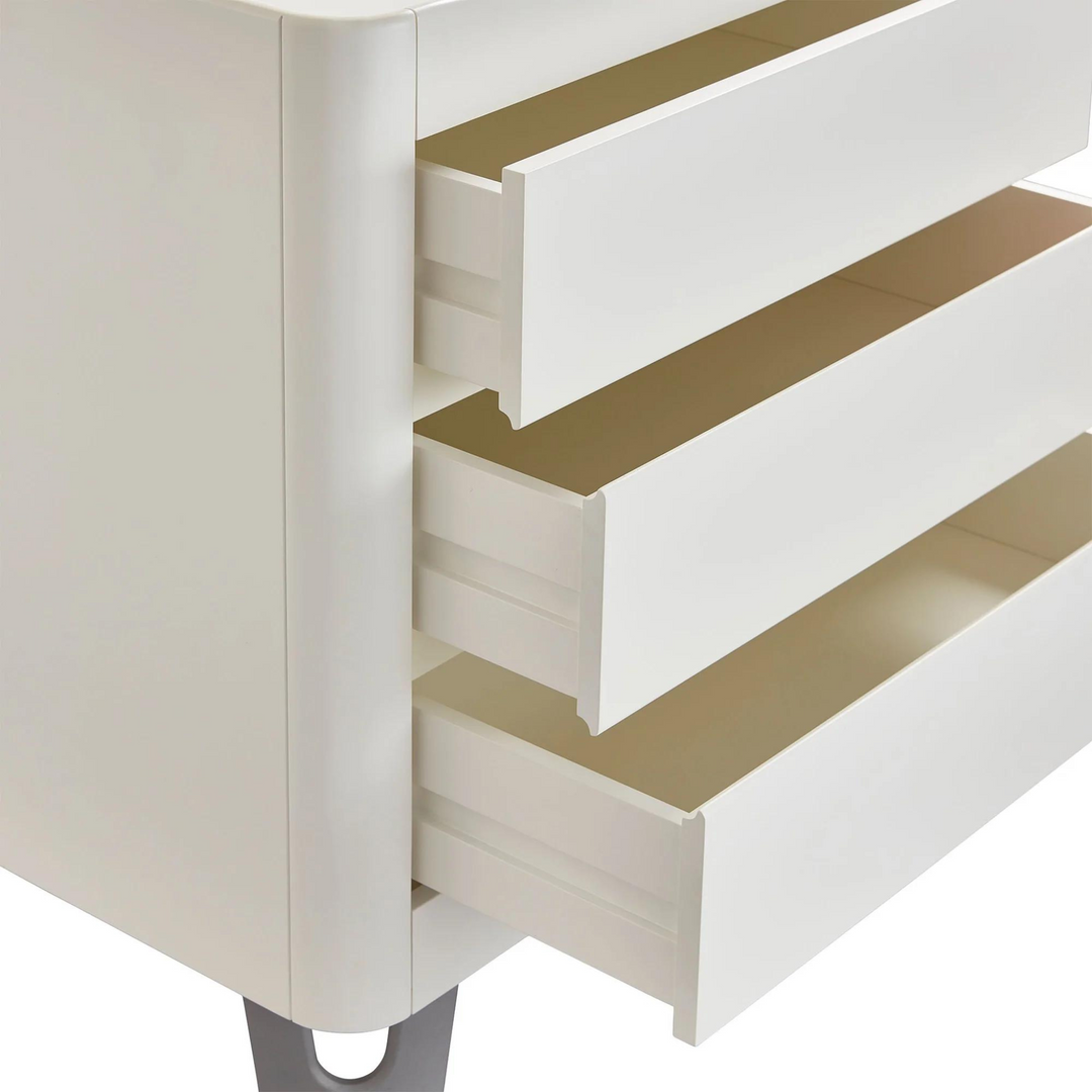 Gaia Baby Serena Dresser white. White modern dresser. Minimalist white solid wood dresser. Close up drawers open